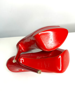 Christian Louboutin Lady Peep 150 Deep Red Patent Leather Platform Heels – 38.5 / UK 5.5