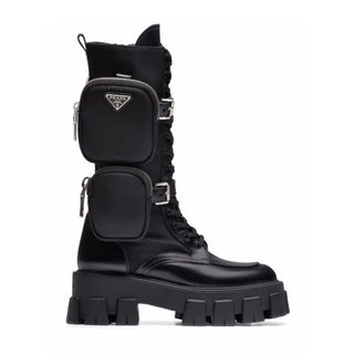 Prada Black Leather Nylon Tall Combat Boots