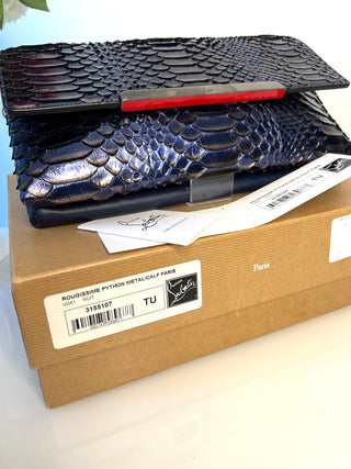 Christian Louboutin Rougissime Nuit Blue Metallic Python Clutch Shoulder Bag