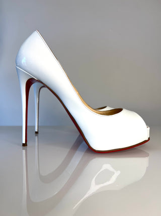 Christian Louboutin New Very Prive platform peep-toe heels in white patent leather with red soles