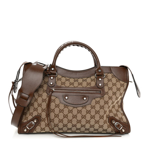 Gucci X Balenciaga GG Beige Canvas Brown Leather Medium Handbag