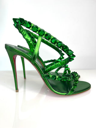 Christian Louboutin Spikita Strap 100 Green Leather Sandals 38.5 UK5.5