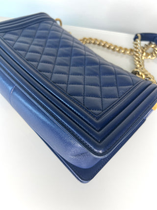 Chanel Medium Boy Bag Navy Blue Quilted Lambskin Leather Gold Tone Hardware Shoulder Bag