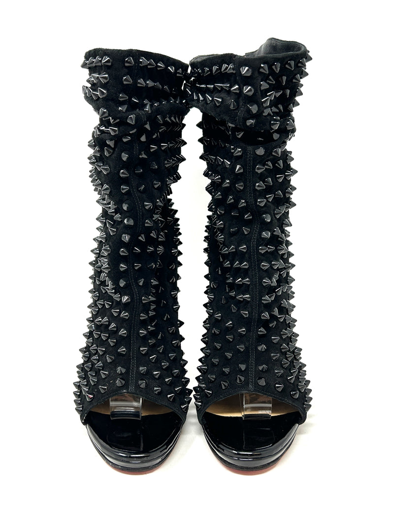 Christian Louboutin Guerilla 100 Black Suede Spike Open Toe Bootie Heels 37 UK 4