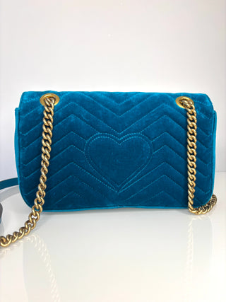 Gucci GG Marmont Small Turquoise Blue Velvet Shoulder Bag