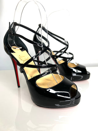 Christian Louboutin Preloved Holly Alta 120 Black Patent Leather Peep-Toe Strappy Heels 36 UK3