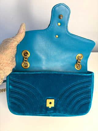 Gucci GG Marmont Small Turquoise Blue Velvet Shoulder Bag