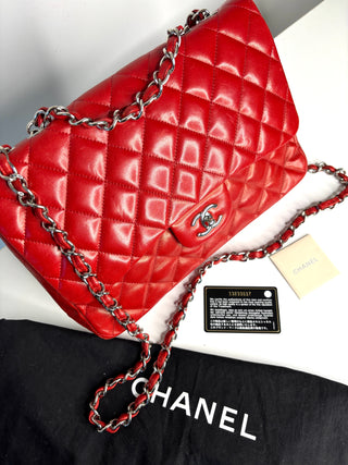 Chanel Jumbo Red Lambskin Classic Single Flap Shoulder Bag - Preloved