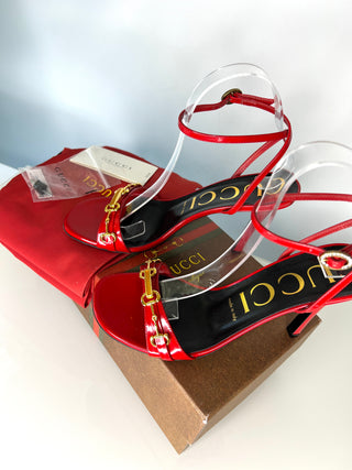 Gucci Moorea  Horsebit Red Patent Leather Ankle Strap Heeled Sandals 38 UK5