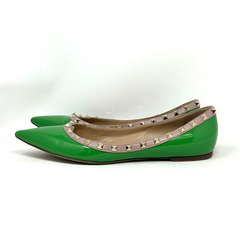 Valentino Garavani Rockstud Green Patent Nude Leather Ballerina Flats 42 UK 9