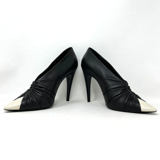 Saint Laurent Vivi 110 Black Leather White Toe Ruched Pump Heels Booties 41.5 UK 8.5