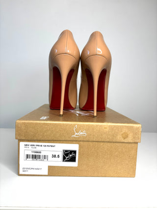 Christian Louboutin New Very Prive 120 Nude Patent Leather Peep Toe Heels 38.5 UK5.5