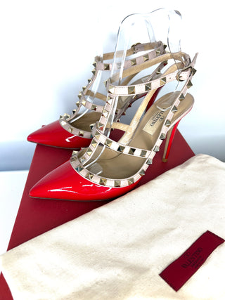 Valentino Garavani Rockstud 100 Red Patent Leather Caged Heels 37 UK4