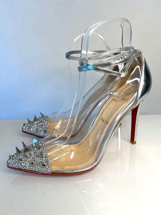 Christian Louboutin Just Picks 100 PVC Crystal Spike Silver Leather Pumps Heels - Size 40 UK7