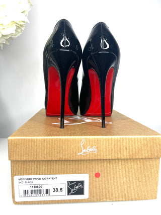 Christian Louboutin Pre-Loved New Very Prive 120 Black Patent Platform Heels 38.5 UK5.5