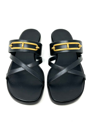 Hermes Black Leather Aged Gold Buckle Sandals