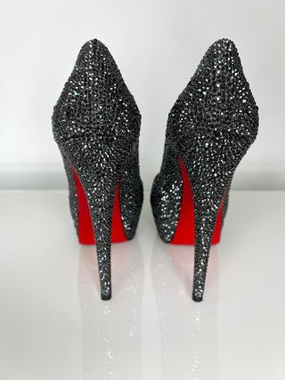 Christian Louboutin Lady Peep Grey/Black Strass Crystal Peep-Toe Platform Heels 38.5 UK5.5