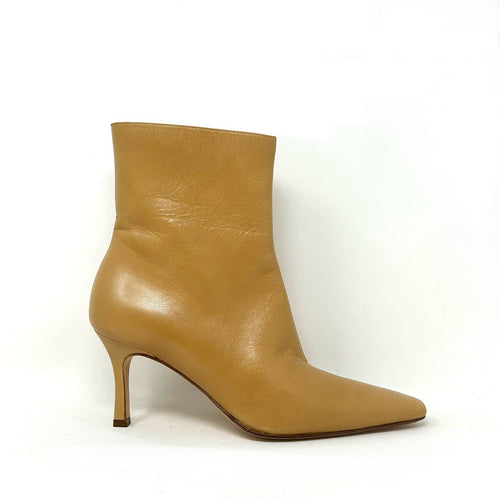 Gina Beige Leather Pointed Toe Ankle Heel Boots 