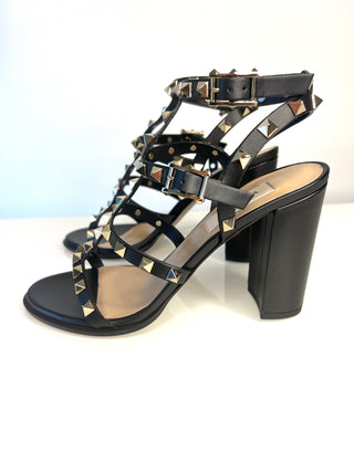 Valentino Garavani Rockstud 90 Black Leather Block Heel Sandals 37 UK4