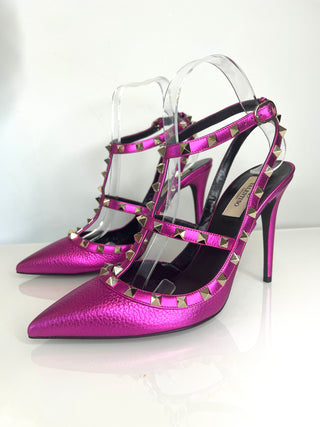 Valentino Garavani Rockstud 100 Metallic Pink Textured Leather Sandals Heels 40 UK7