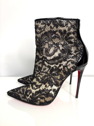 Christian Louboutin Psybootie Black Lace Patent Leather Ankle Boots 37 UK4