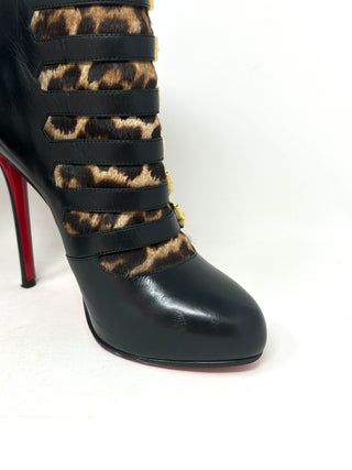 Christian Louboutin Attroupa 120 Black Leather Leopard Buckled Heel Boots 39 UK 6