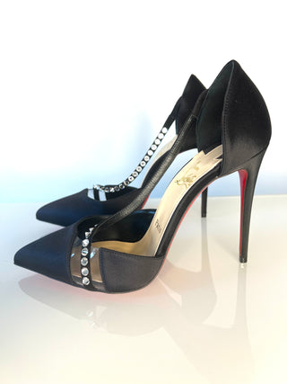 Christian Louboutin Krystal Cross 100 Black Satin Heels 38.5 UK5.5