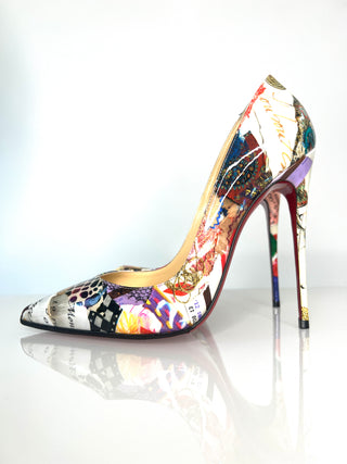 Multicolored high-heeled shoe on a white background