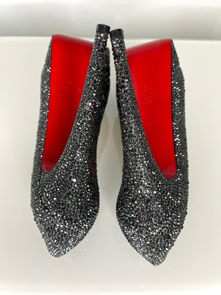 Christian Louboutin Lady Peep Grey/Black Strass Crystal Peep-Toe Platform Heels 38.5 UK5.5