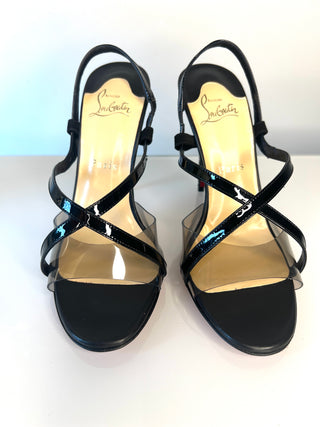 Christian Louboutin Coup de Bleu 100 Black Patent Leather & Glitter Sandals – Small Size 39 UK6