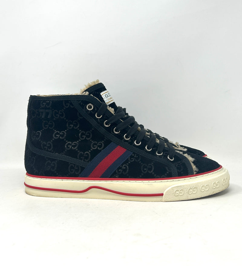 Gucci Tennis 1977 Mens Black Suede Monogram Shearling High Sneakers 40.5 UK 6.5