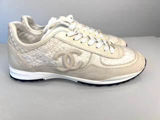 Chanel CC White, Cream & Beige Tweed, Suede and Leather Trainers – Size 38.5 UK 5.5
