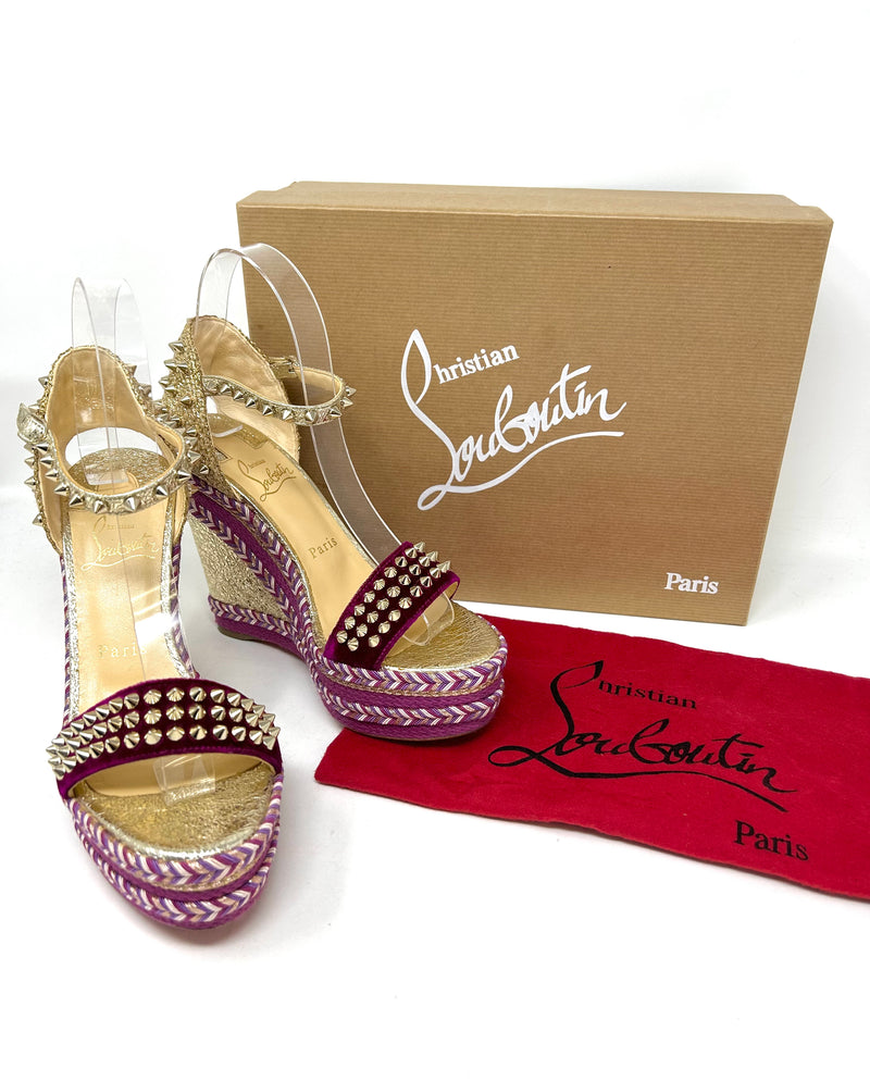 Christian Louboutin Madmonica Purple Gold Spike Wedge Sandals 