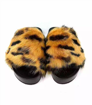 Celine Phoebe Philo Boxy Leopard Print Faux Fur Open Toe Slide Sandals 40 UK 7