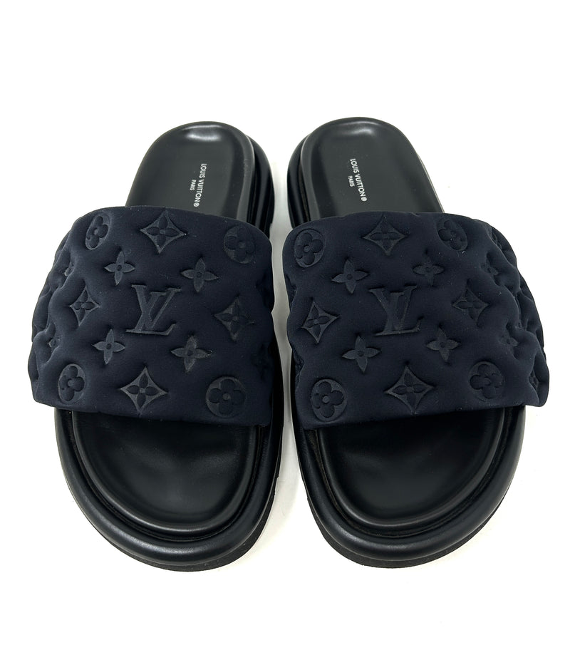 Louis Vuitton Pool Pillow Black Monogram Nylon Velcro Flat Slide Sandals 41 UK 8