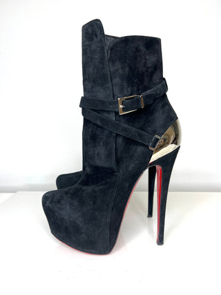 Christian Louboutin Equestria 160 Black Suede Platform Ankle Boots 37.5 UK4.5