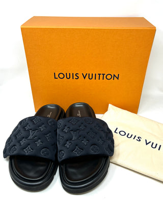 Louis Vuitton Pool Pillow Black Monogram Nylon Velcro Flat Slide Sandals 41 UK 8