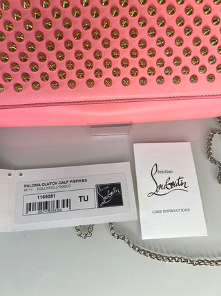 Christian Louboutin Paloma Spiked Dolly Pink Leather Clutch Shoulder Bag