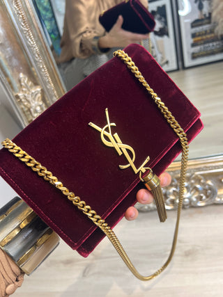 Saint Laurent YSL Kate Small Burgundy Velvet Golden Tassel Chain Crossbody Shoulder Bag