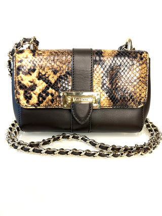 Designer crossbody handbag with snake print, gold chain strap and Aspinal of London logo on the metal clasp