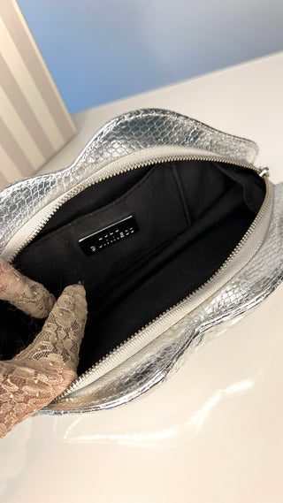 Lulu Guinness Silver Snakeskin Leather Padded Lips Clutch Bag