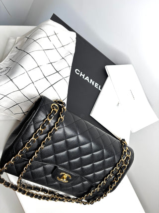 Chanel Jumbo Black Caviar Classic Double Flap Gold Hardware Shoulder Bag 2021