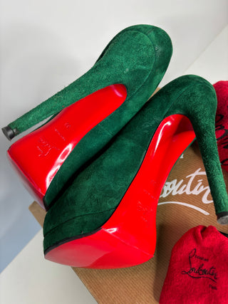 Christian Louboutin Palais Royal 140 Green Suede Peep-Toe Heels 38 UK5