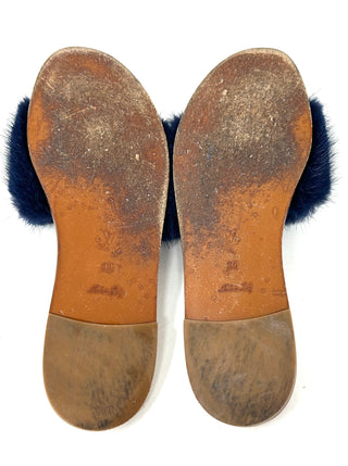 Louis Vuitton Brown Leather Dark Blue Mink Fur Slides