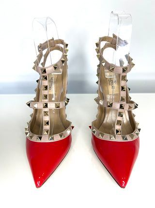 Valentino Garavani Rockstud 100 Red Patent Leather Caged Heels 37 UK4