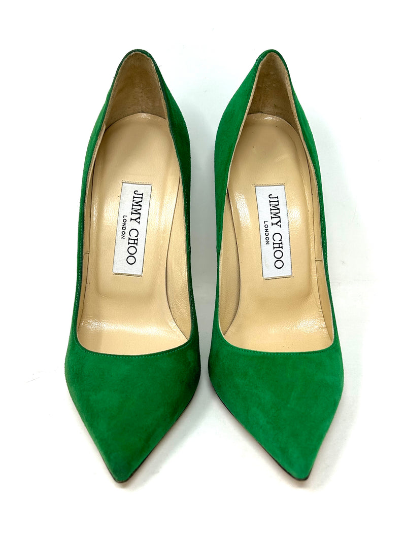 Jimmy Choo Green Suede Leather Pointed Toe Heels 