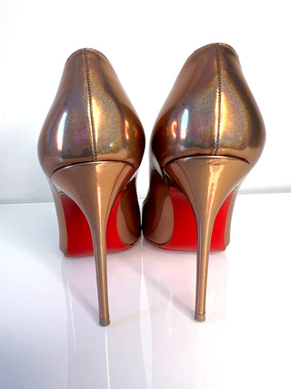 Christian Louboutin Kate 100 Gold Metallic Bronze Patent Leather Heels 38 UK5
