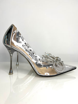 Mach & Mach Double Bow Silver PVC Crystal Embellished Heels 41 UK8