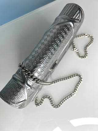 Christian Dior Metallic Diorama Silver Micro Cannage Wallet on Chain / Crossbody Bag