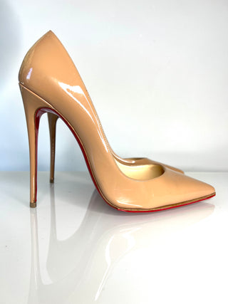 Christian Louboutin So Kate nude pointed toe patent leather stiletto pump with a red sole